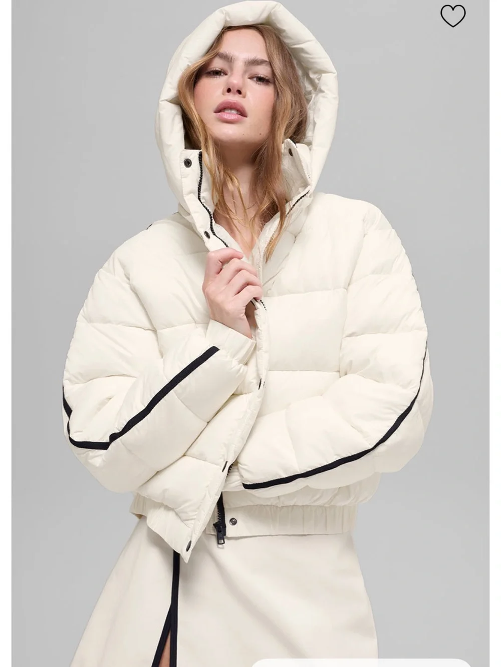 ALO Yoga Cream Hooded Puffer Jacket with Black Trim